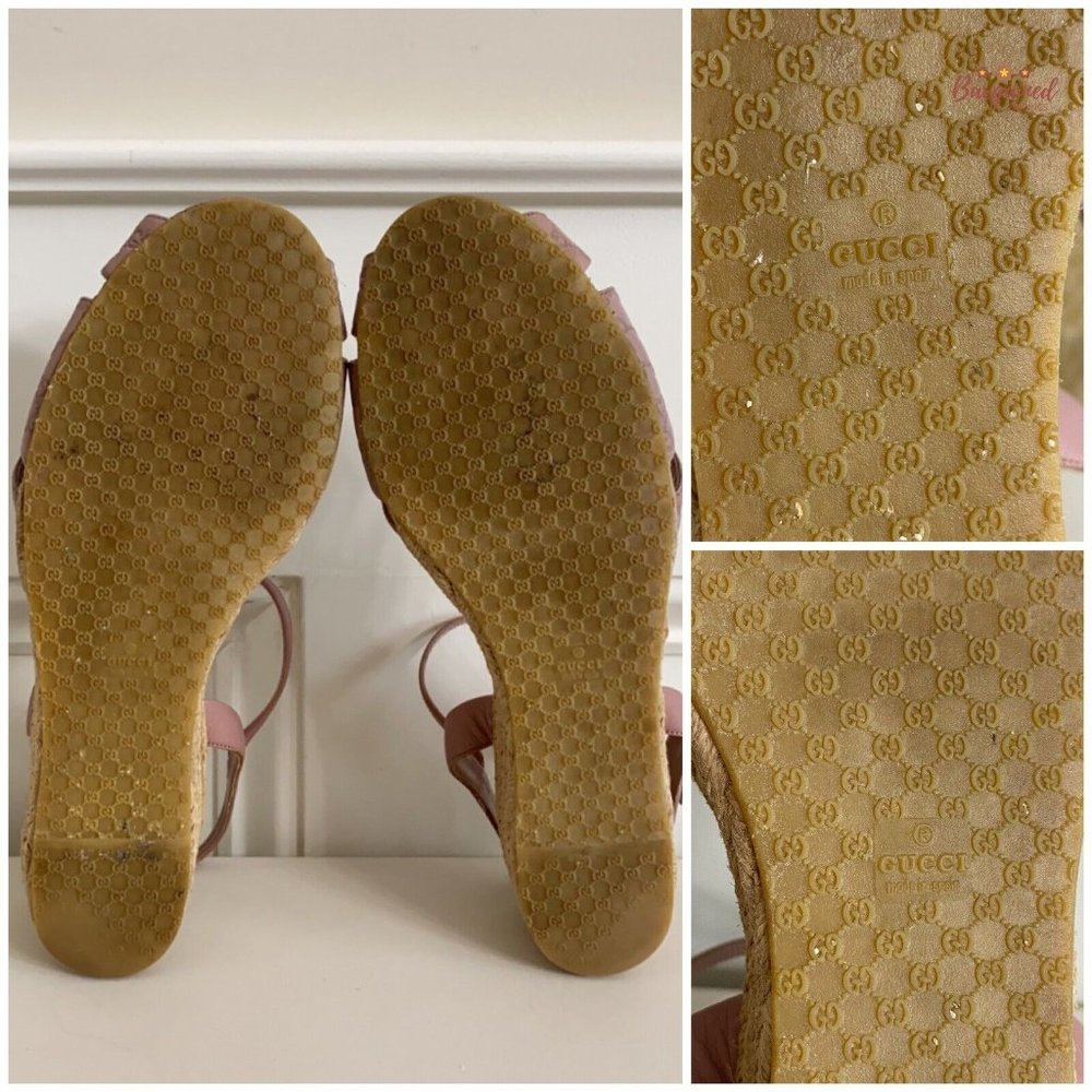 Authentic GUCCI Pink Micro-Guccissima Leather Wedge Espadrille Sandals 38.5/8.5 - Picture 8 of 14